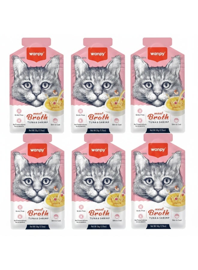 Meat Broth for Cats– Savory Tuna & Shrimp Flavor – Pack of 6  – Grain-Free Skin & Coat Support